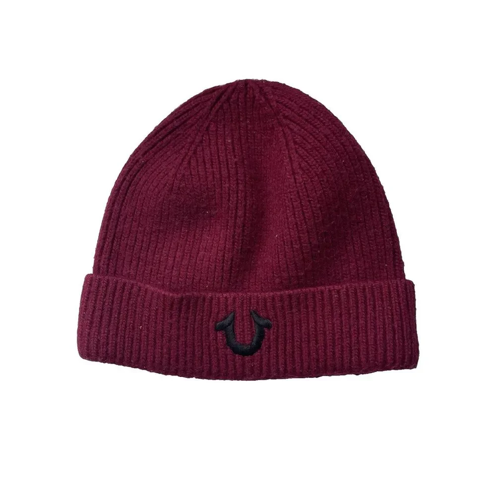 True Religion Knit Beanie Hat Cap Cashmere Lambswool Blend Red Black One Size